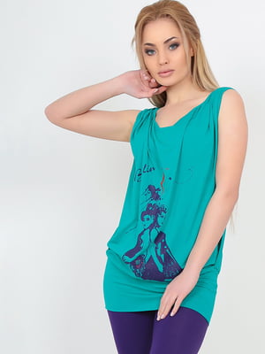 Блуза кольору морської хвилі з принтом | 6383889