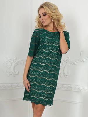 Коктейльна сукня темно-зеленого кольору з гіпюру, темно-зеленого кольору на бежевій підкладці | 6547928
