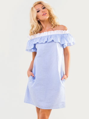 Сукня у біло-блакитну смужку з відкритими плечима з бавовни | 6548014