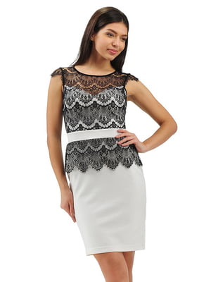 Платье-футляр бело-черное с декором | 6548044