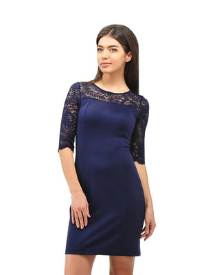 Платье вечернее синее с узором на кружевной кокетке | 6548224