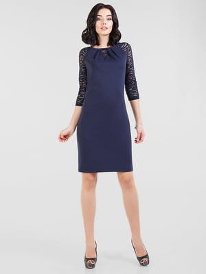 Сукня-футляр темно-синя з рукавами з гіпюру | 6548277