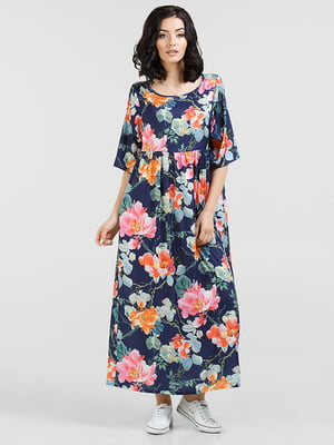 Сукня А-силуету синя з яскравим квітковим принтом | 6548280