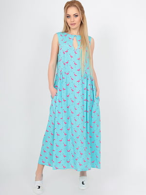 Платье А-силуэта мятного цвета с розовыми фламинго с карманами | 6548287