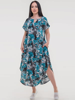 Сукня А-силуету бірюзового кольору в принт | 6548407