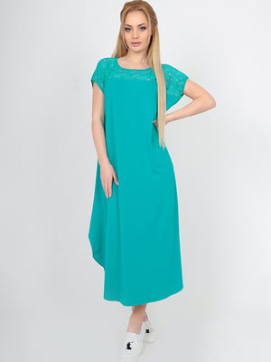 Сукня-балахон кольору морської хвилі з ажурними вставками | 6548593