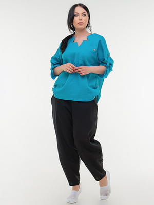 Льняна блакитна блуза з оригінальним фігурним вирізом | 6548673