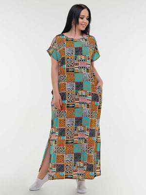 Платье А-силуэта бирюзового цвета в принт | 6548676