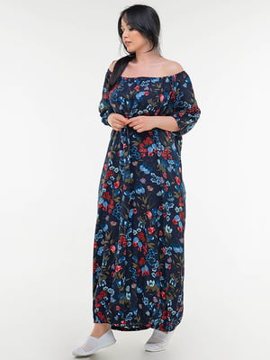 Платье А-силуэта синее в цветочный принт | 6548711