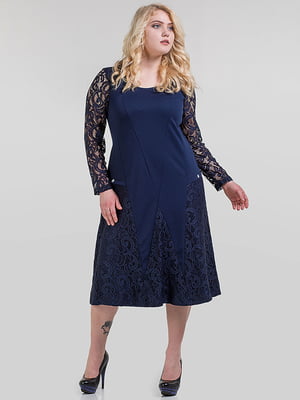 Ошатна темно-синя сукня з гіпюровими вставками та рукавами | 6548923