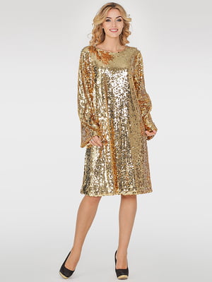 Платье золотистого цвета с длинным рукавом выполнено из сетки расшитой пайетками | 6548996