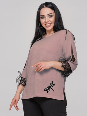 Блуза пудрового цвета с люрексом и гипюровыми вставками | 6549020