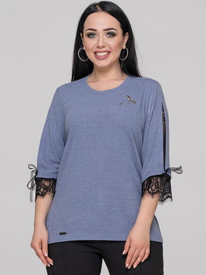 Блуза серо-голубого цвета с люрексом и гипюровыми вставками | 6549039