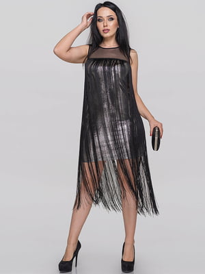 Платье с декоративной тесьмой черного цвета и кокетками из полупрозрачной сетки | 6549044