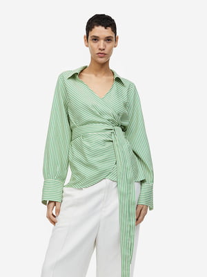 Рубашка-блуза “на запах” зеленого цвета в полоску | 6567438