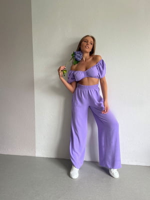 Фиолетовый костюм-тройка с легкой ткани: рубашка, топ и брюки на резинке | 6570197