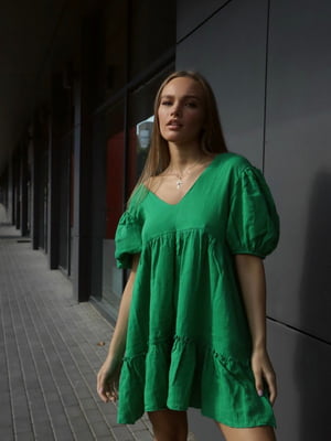 Зеленое мини-платье из натуральной ткани с коротким рукавом на резинке | 6570248