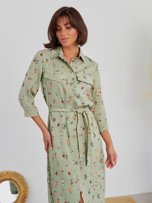 Сукня-сорочка кольору хакі з квітковим принтом з поясом | 6422396