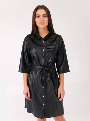 Сукня-сорочка чорна з поясом | 6424940