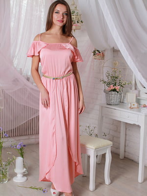 Платье А-силуэта розовое с тонкими бретелями и поясом | 6424971