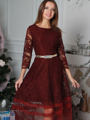 Платье А-силуэта цвета марсала с поясом | 6424976