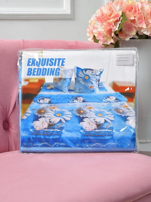 Комплект постельного белья голубого цвета с цветочным принтом евро | 6576516