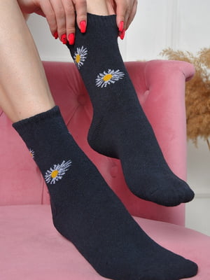 Шкарпетки махрові темно-сині з квітковим малюнком | 6577594