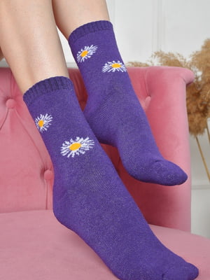 Шкарпетки махрові фіолетові з квітковим малюнком | 6577595
