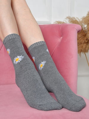 Шкарпетки махрові сірі з квітковим малюнком | 6577596