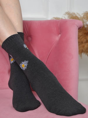 Шкарпетки махрові темно-сірі з квітковим малюнком | 6577597