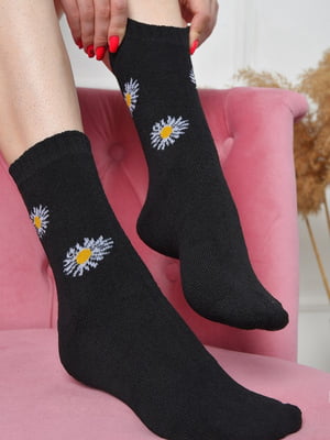 Шкарпетки махрові чорні з квітковим малюнком | 6577599