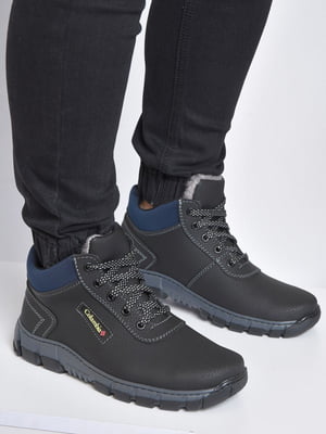 Чорні зимові черевики з оздобленням синього кольору | 6578060