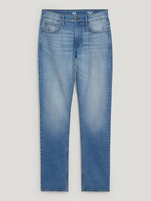 Прямі джинси синього кольору з потертостями | 6578733