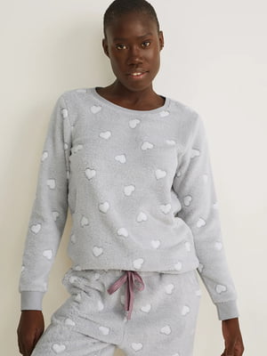 Махровый пижамный джемпер светло-серого цвета в сердца | 6578826