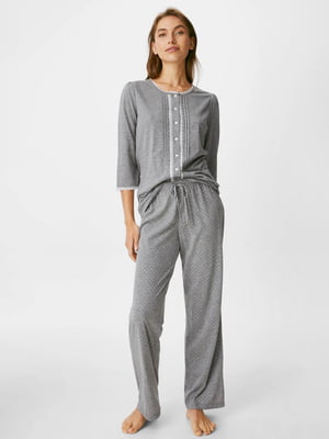 Серый пижамный лонгслив с кружевной отделкой | 6578838