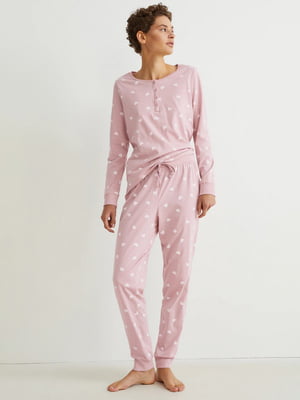 Пижама розовая с принтом: лонгслив и джоггеры | 6578842