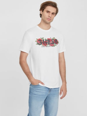 Біла футболка з логотипом бренду з принтом троянд | 6581605