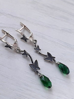 Чорні сережки з кристалами Swarovski зеленого кольору | 6583486