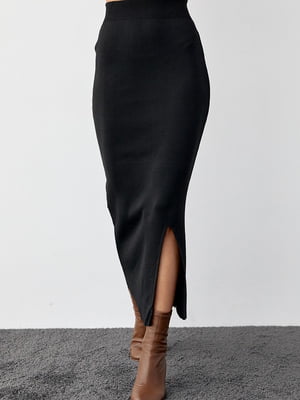 Силуэтная юбка-миди черного цвета с разрезом | 6584273
