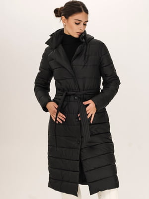 Стеганое черное пальто с поясом | 6584346
