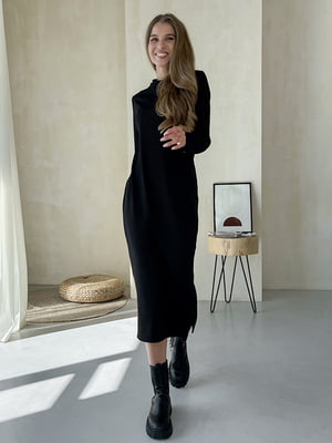 Свободное черное флисовое платье-футляр в рубчик “Генуя” | 6590009