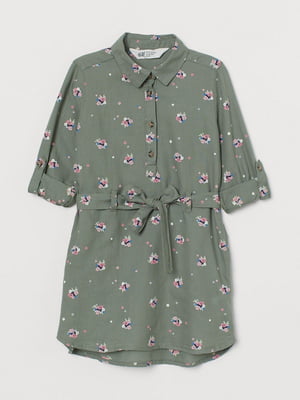 Платье-рубашка цвета хаки в цветочный принт | 6605977