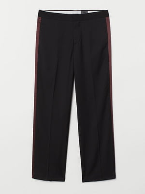 Костюмні штани чорного кольору з атласними бордовими смужками з боків | 6589516