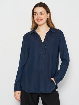 Темно-синяя блуза с V-образной горловиной | 6608645