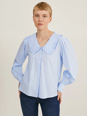 Голубая блуза в полоску с оборчатым воротником в стиле Питера Пэна | 6608728