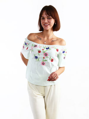 Блуза без рукавов мятная с цветочным орнаментом | 6615315