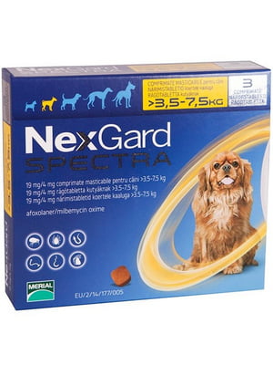 NexGard Spectra S таблетки от клещей, блох и гельминтов для собак весом от 3.5 до 7.5 кг | 6612097