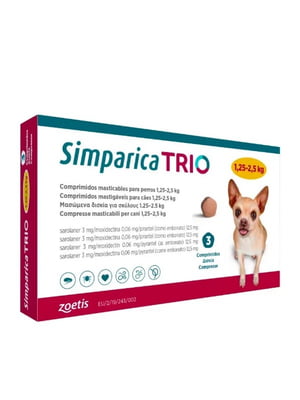 Simparica TRIO таблетки от блох, клещей и гельминтов для мелких собак весом от 1.25 до 2.5 кг 1 таблетка | 6612935