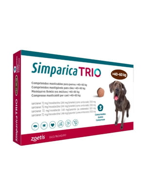 Simparica TRIO таблетки від бліх, кліщів та гельмінтів для великих собак вагою від 40 до 60 кг | 6612944