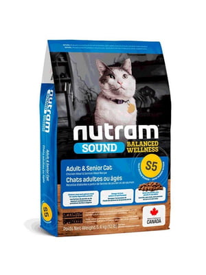 Nutram S5 Sound Balanced Wellness Natural Adult Senior 5.4 кг корм для дорослих або літніх котів. | 6613502